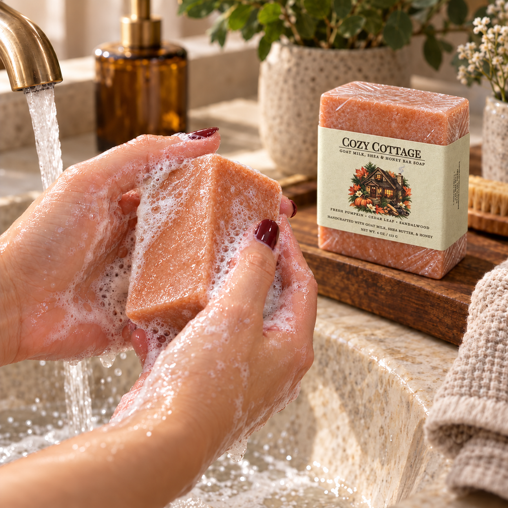 Cozy Cottage Goat Milk, Shea and Honey Bar Soap being lathered by hand at a warm bathroom sink