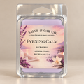 Salve & Oak Co. Evening Calm soy wax melt clamshell with pale lavender wax and a lavender sunset label against a cream background.