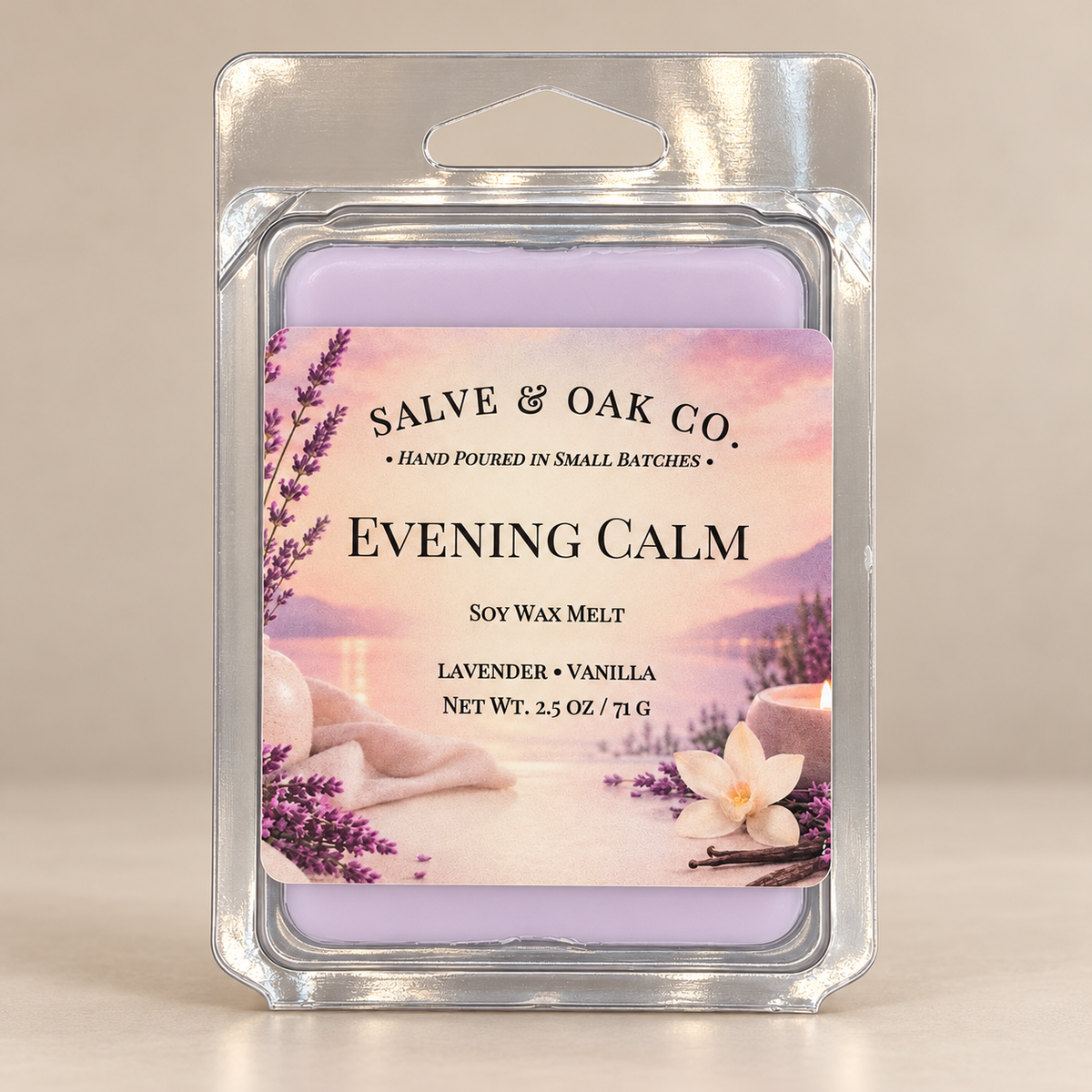 Salve & Oak Co. Evening Calm soy wax melt clamshell with pale lavender wax and a lavender sunset label against a cream background.