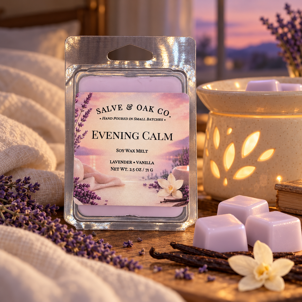 Evening Calm wax melts with lavender sprigs, vanilla pods, ivory linens, and a glowing warmer beside a dusk-lit window.