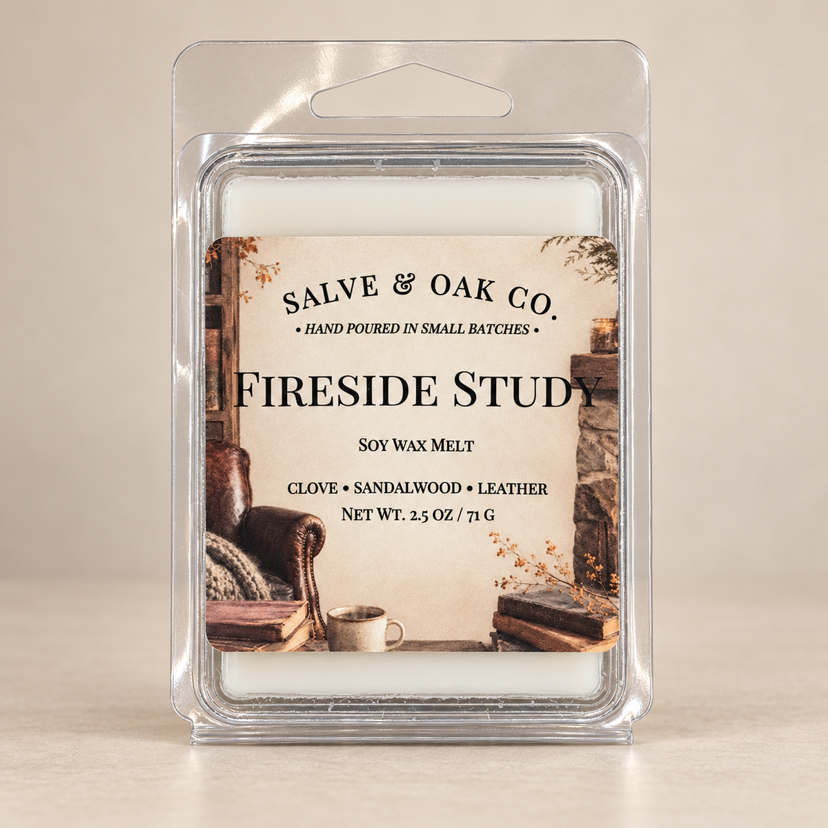 Salve & Oak Co. Fireside Study soy wax melt clamshell with ivory wax and a cozy library label against a cream background.