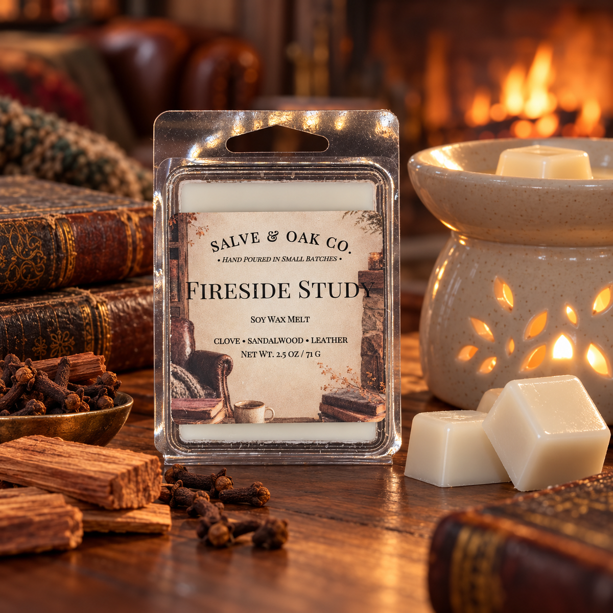 Fireside Study wax melts with leather-bound books, cloves, sandalwood, and a ceramic warmer in front of a softly blurred fireplace.
