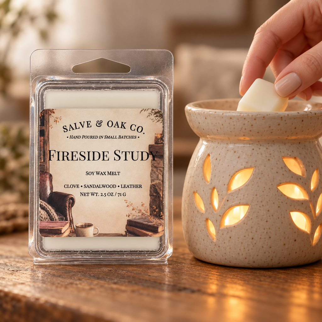 Hand placing an ivory Fireside Study wax cube into a glowing ceramic warmer beside its package.