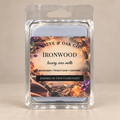 Salve & Oak Co. Ironwood wax melt clamshell with pale blue-gray wax and a rustic label against a cream background.
