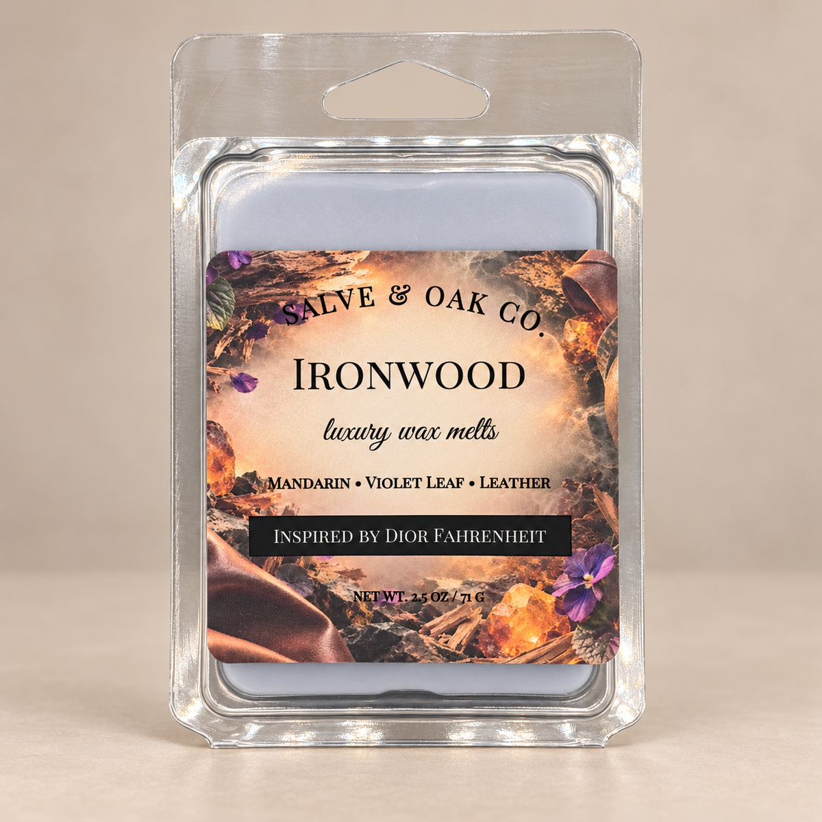 Salve & Oak Co. Ironwood wax melt clamshell with pale blue-gray wax and a rustic label against a cream background.