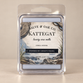 Salve & Oak Co. Kattegat wax melt clamshell with blue-gray wax and a Nordic coastal label against a cream background.