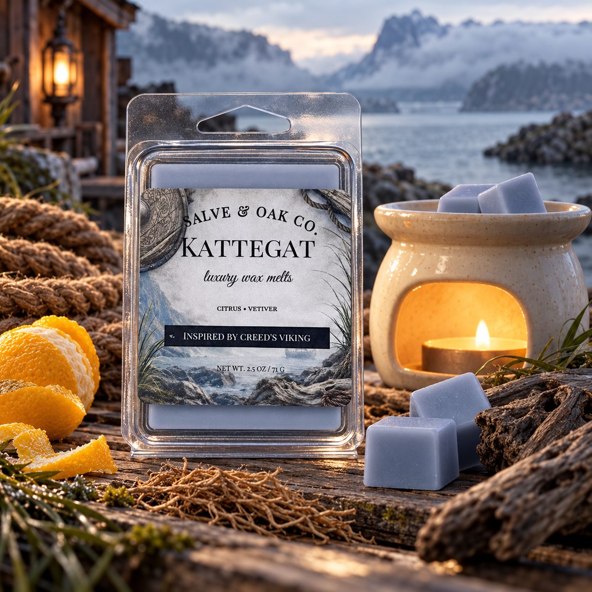 Kattegat wax melts with citrus peel, vetiver roots, rope, and weathered wood beside a glowing warmer overlooking a misty Nordic coast.