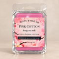 Salve & Oak Co. Pink Cotton wax melt clamshell with pink wax and a raspberry-and-vanilla label against a cream background.
