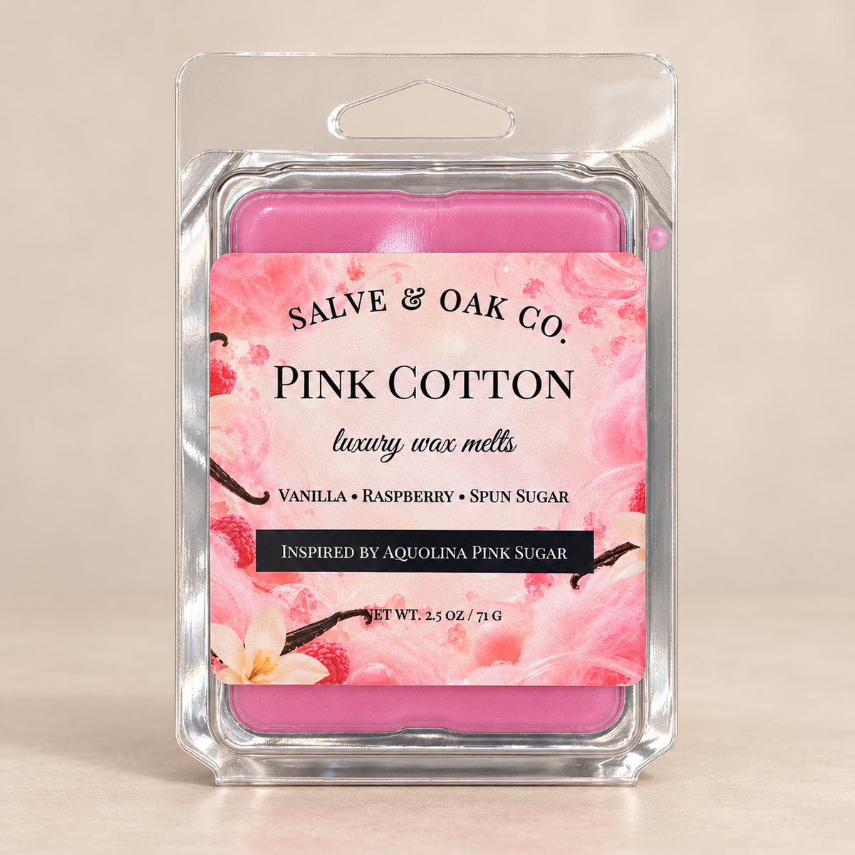 Salve & Oak Co. Pink Cotton wax melt clamshell with pink wax and a raspberry-and-vanilla label against a cream background.