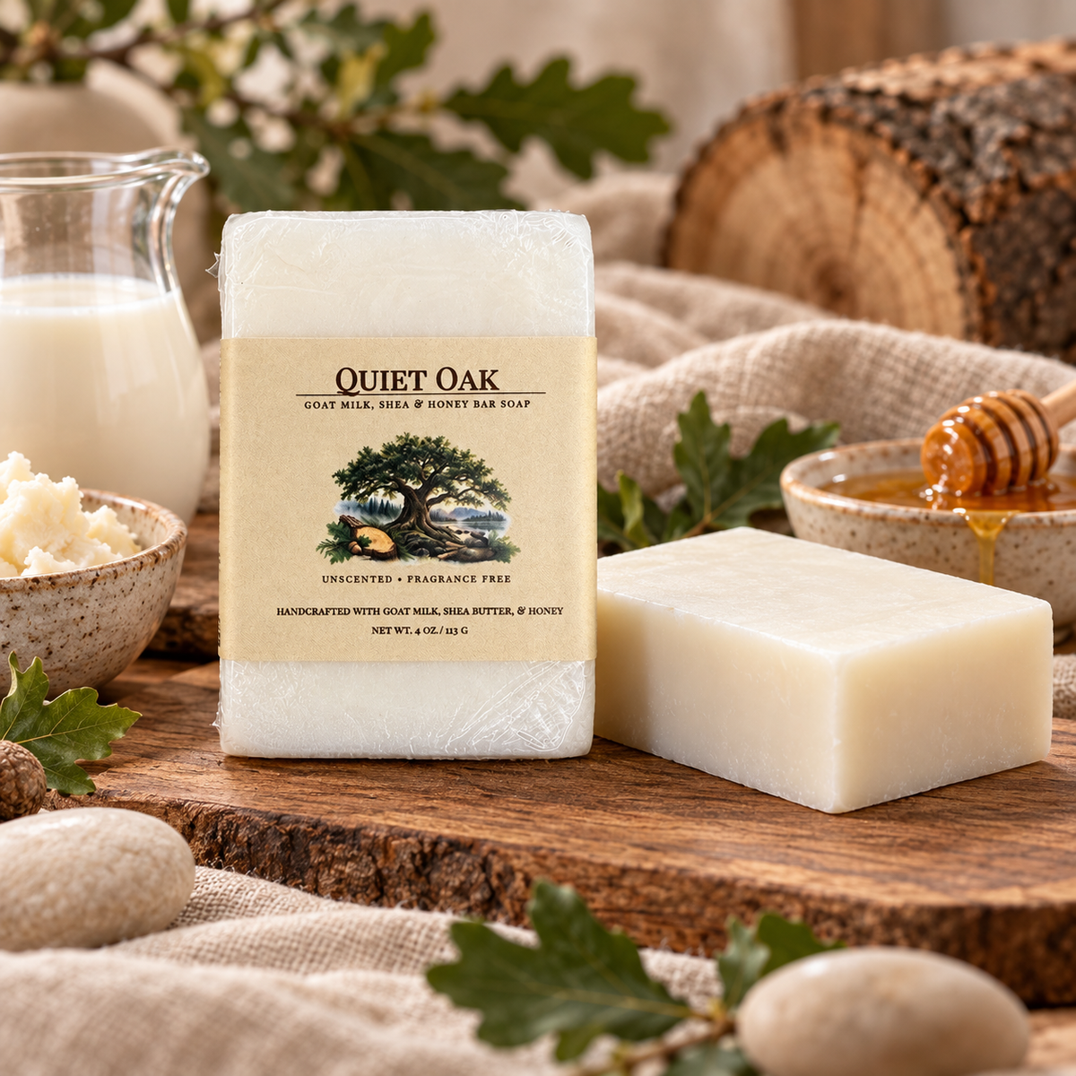 Quiet Oak unscented Goat Milk, Shea and Honey Bar Soap styled with goat milk, shea butter, honey and natural oak accents