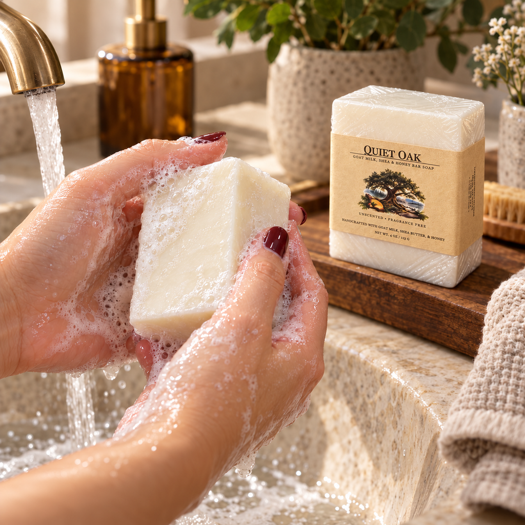 Quiet Oak unscented Goat Milk, Shea and Honey Bar Soap being lathered by hand at a warm bathroom sink