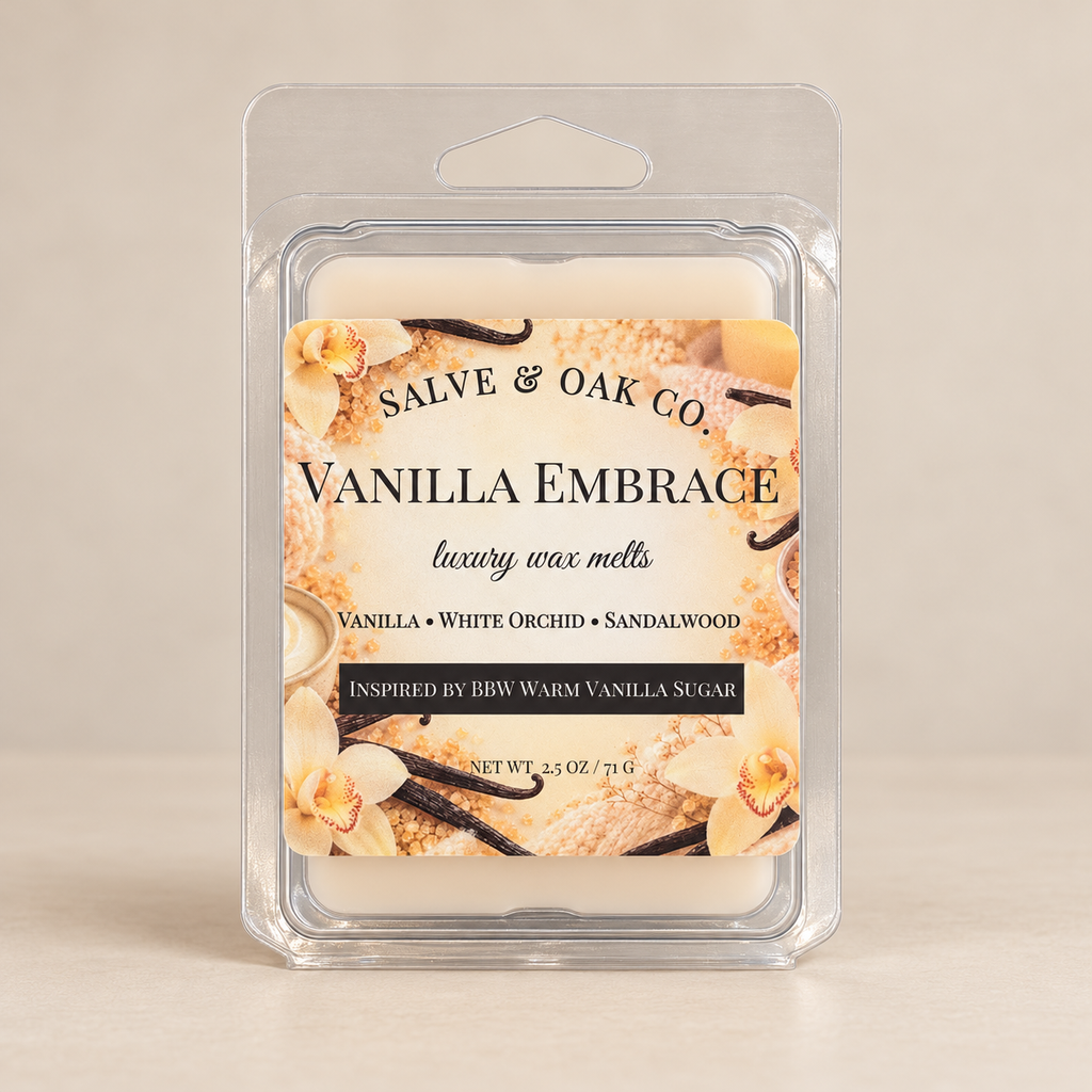 Salve & Oak Co. Vanilla Embrace wax melt clamshell with creamy ivory wax and a vanilla orchid label against a warm cream background.