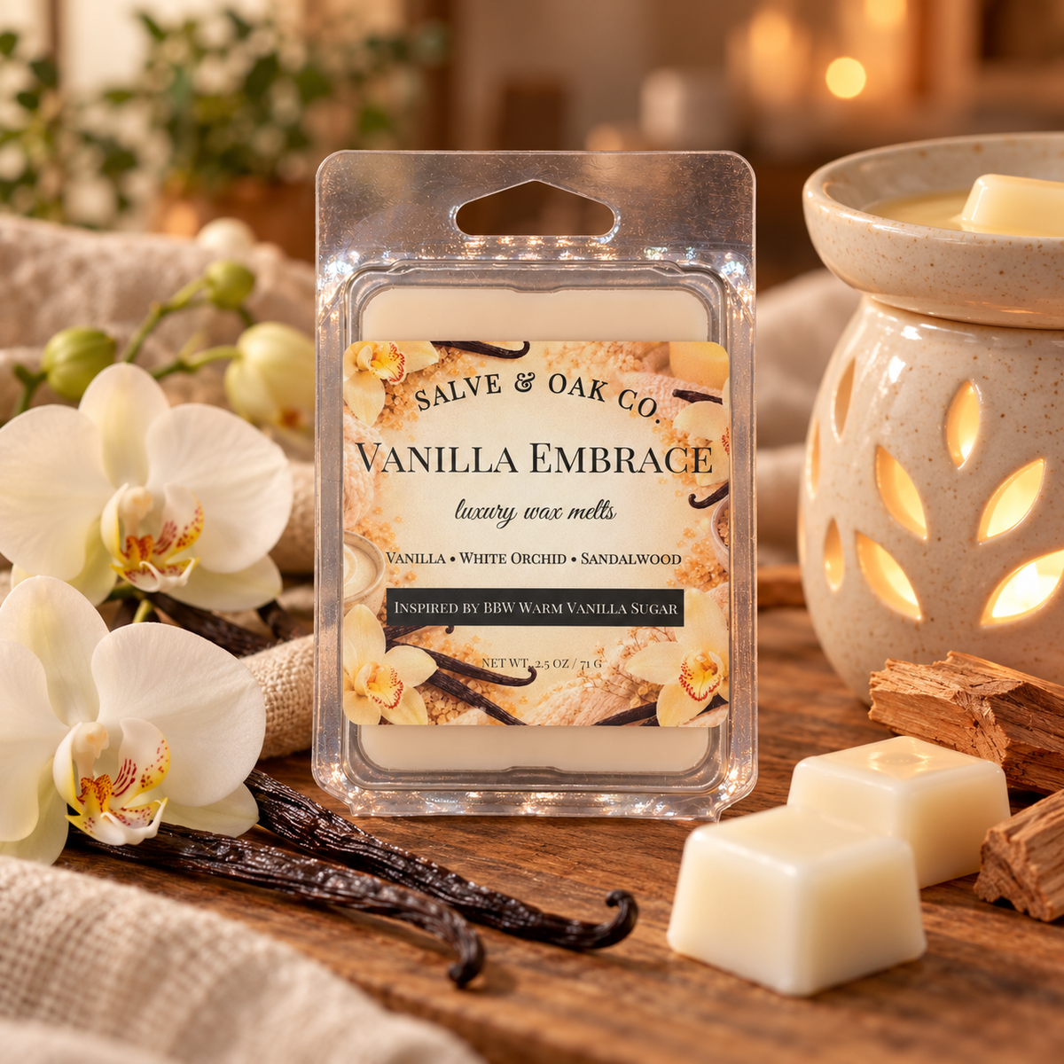 Vanilla Embrace wax melts with white orchids, vanilla pods, sandalwood pieces, and a glowing ceramic warmer on a rustic wood table.
