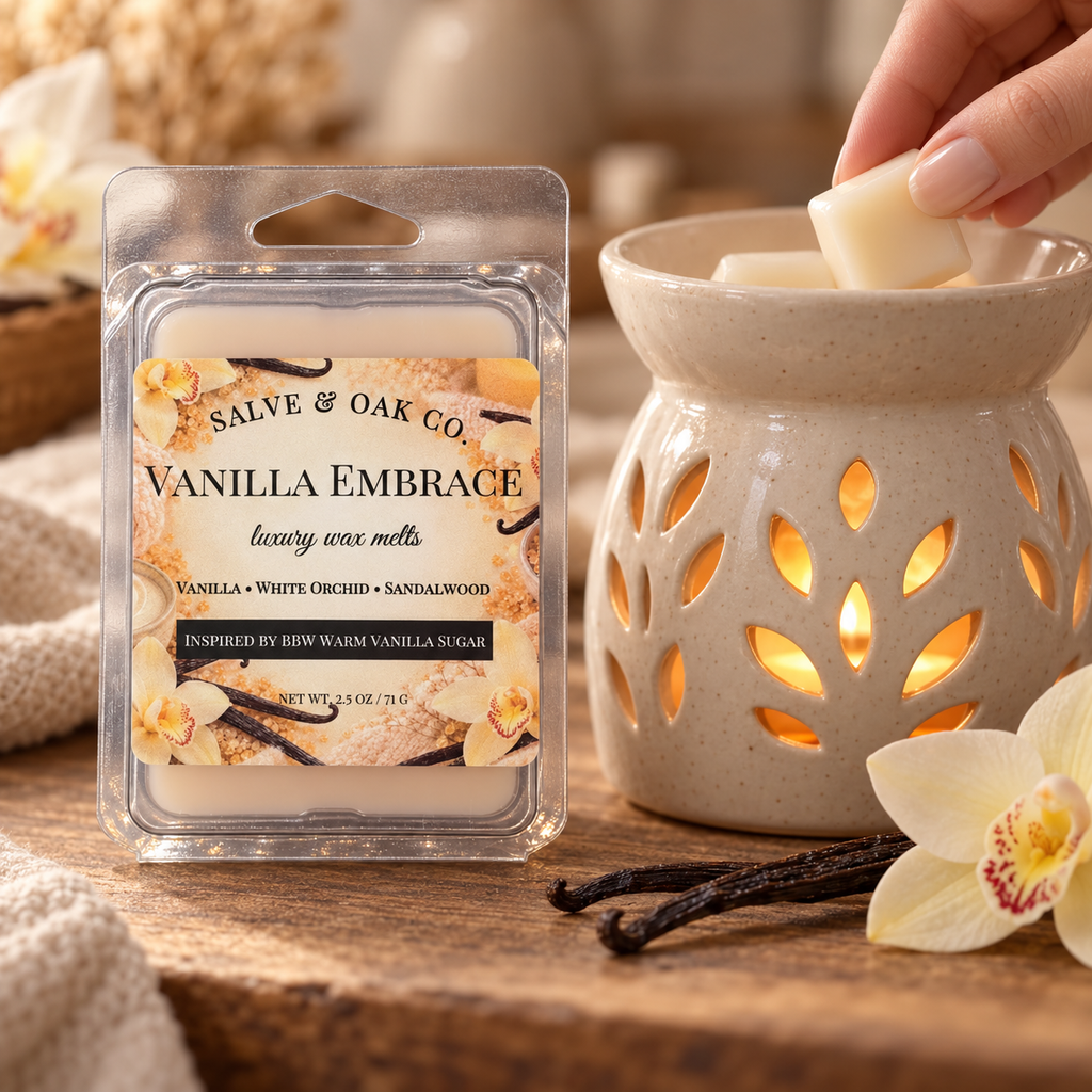 Hand placing an ivory Vanilla Embrace wax cube into a glowing ceramic warmer beside its package.