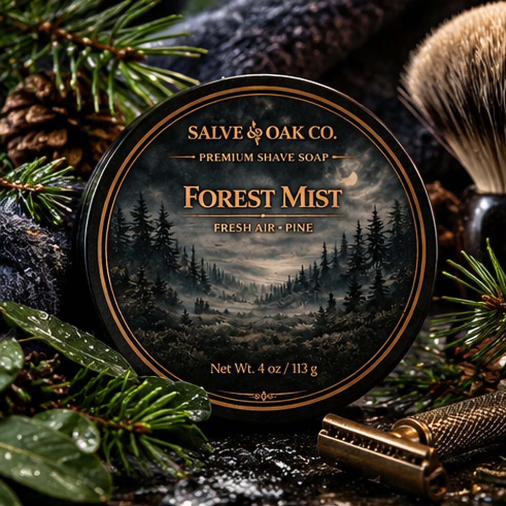 Forest Mist premium shave soap surrounded by pine branches, forest greenery, wet stone, and a misty woodland setting