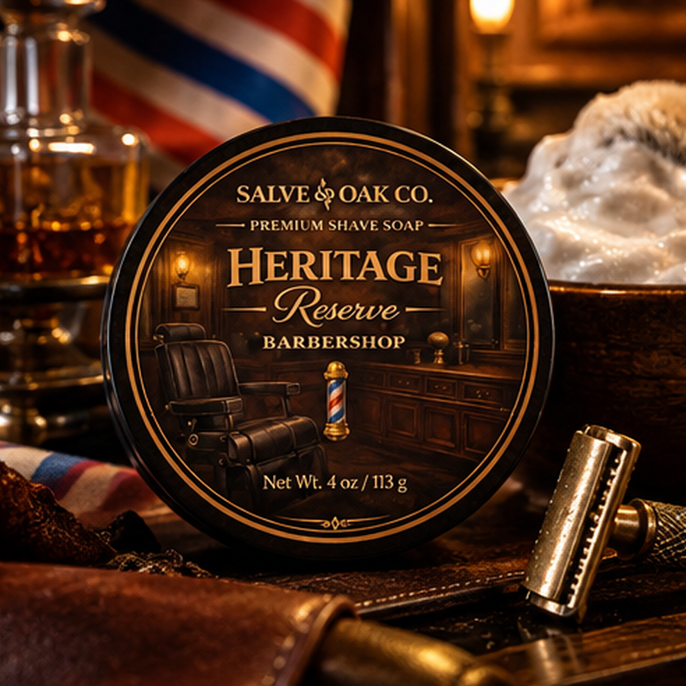 Heritage Reserve premium shave soap in a warm vintage barbershop scene with leather, dark wood, shaving tools, and amber lighting